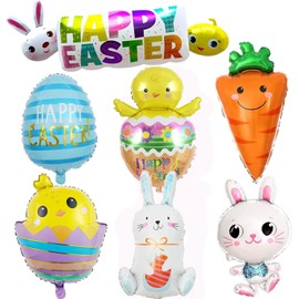 7pcs Easter Party Balloons, Large Happy Easter Foil Balloons Easter Party Decoration Bunny Carrot Chick Hen Foil Balloons for Kids Spring Easter Party Decorations