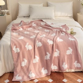 Happy Easter Rabbit Ultra-Soft Fluffy Microfiber Knitted Throw Blanket Super Cozy Lightweight Bed Blanket for Sofa Couch Bed Travel Pink 50"x60"