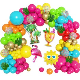 Tropical Balloons Arch Garland Kit, Luau Flamingo Summer Beach Party Decorations Hot Pink Green Orange Blue Balloons Palm Leaves for Hawaiian Aloha Pool Baby Shower Wedding Birthday Supplies