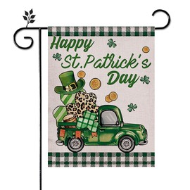 Heyiminy St Patricks Day Garden Flag 12x18 Double Sided,Buffalo Plaid Truck with Shamrock Hat Gold Coins Yard Flags for Outdoor,Decorative Holiday Garden Flag for Farmhouse Home Decoration