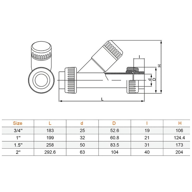 TOMEX 1'' Y-Strainer, Clear UPVC Sediment Y-Strainer, True Union Y-Strainer,
