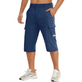 TACVASEN Mens Capri Pants Long Shorts Outdoor Hiking Shorts 3/4 Pants Men Blue Cargo Shorts Summer Shorts for Men with Zipper Pockets