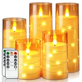 Homemory Flameless Candles with Embedded Star String Fairy Lights, Battery Operated Candles, LED Candle, Fake Candles with Remote Control and Timer, Gold, Set of 2(H 6" 6")