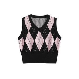 SweatyRocks Women's Geometric Pattern Sweater Vest V Neck Sleeveless Preppy Style Crop Tank Top Multicolor S