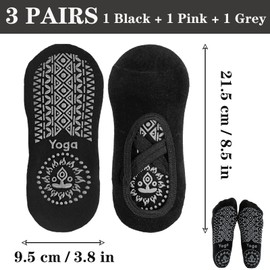 KEYRI 3 Pairs Non Slip Socks Yoga Pilates Socks for Women Girls, Trainer Socks Grippy Socks Floor Sock Anti-Slip Grips & Straps, One Size Breathable Socks for Fitness Ballet (Cotton, Black+Pink+Grey)