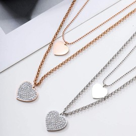 Anti-Allergy Stainless Steel Double-Layer Choker Necklace Love Pendant with Sparkling Crystal Rose Gold Silver Necklace Fashion Jewelry for Women's Birthday Valentine's Day Gift