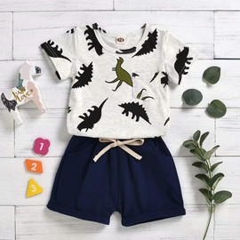 Conjunto de camiseta y pantalones cortos para bebé y niño, de verano, con diseño de dinosaurio, 6 meses a 5 años, Azul/Dinosaurio, 3T / 4T