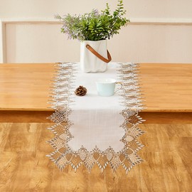 Raedan White Linen Table Runner 108 inches Long, Neutral Earth Tones Beige Lace Vinyl Dresser Scarf for Kitchen Coffee Table Wedding Party Home Decor (White, 16”x108”)