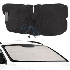 CompraFun Sun Protection Car Front Window Indoor, 2025 Upgrade 360° Rotating Umbrella Handle, 145 x 80 cm Foldable Car Parasol, UV Protection & Heat Insulation, Suitable for Most Cars SUVs Trucks