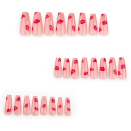 IMSOHOT Press on Nails Long Coffin Fake Nails with 3D Red Hickey Design Glossy Nude Glue on Nails for Women Girls Ballerina Acrylic Stick on Nails 24Pcs