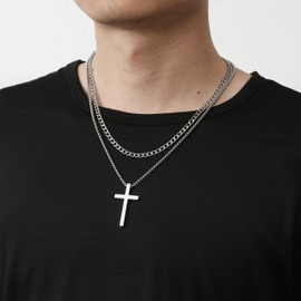 RWQIAN Cross Necklace For Men,Mens Cross Necklaces Silver Big Stainless Steel Layered Cuban Link Cross Chain For Men |22 Inch,Simple Religious Christian Cross Pendant Jewelry for Boys Gifts