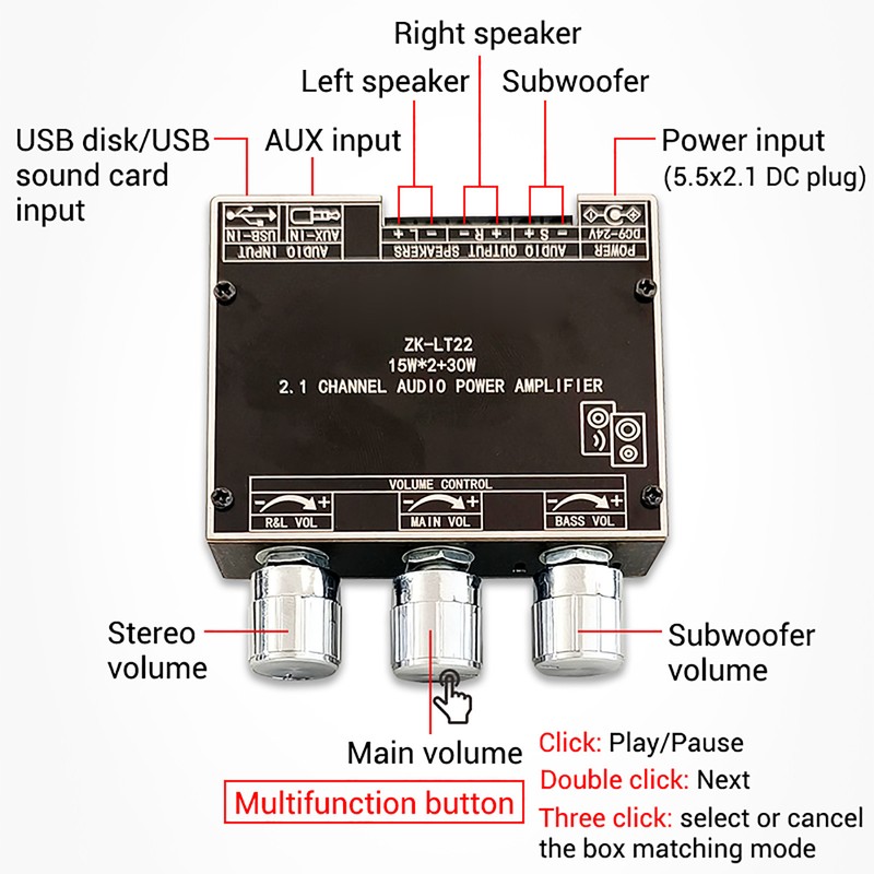 2.1 Channel Audio Amplifier Module Bluetooth Stepless Tuning 10 Sounds