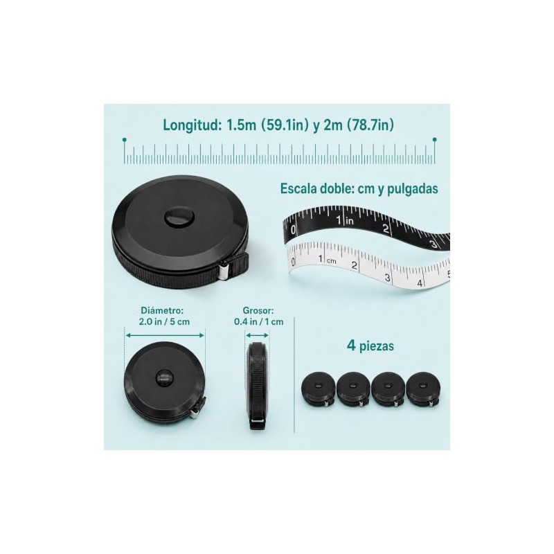 4PCS Cinta Métrica Retráctil, 1.5m y 2m, cm y Pulgadas