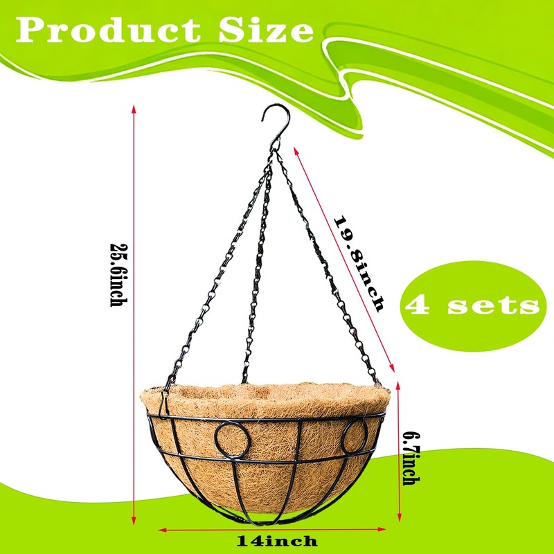 JFFLYIT 4 Pack 14" Round Metal Hanging Basket for Outdoor