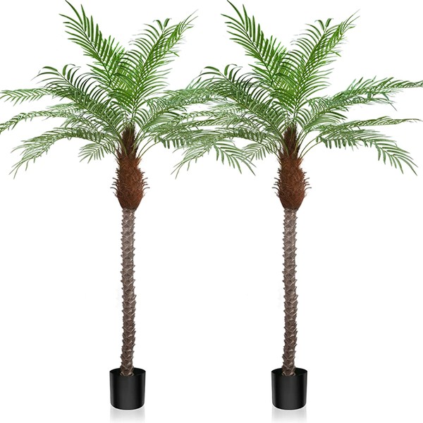 AnTing Artificial Palm Trees 6.5ft Tall Fake Tree for Outside, 12 Leaves Large Palm Trees for Patio Pool Home Office Decor (Set of 2)