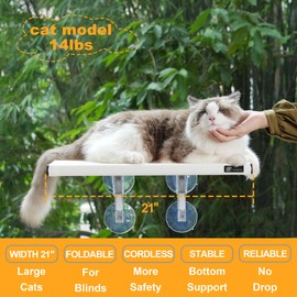 Fampety 21" Large Cat Window Perch, Foldable & Cordless, Holds Up to 60lbs, Preassembled, 4 Extra Suction Cups, Sturdy Support, Textilene Bed, Easy Clean & Quick Dry - White