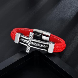 Veshon Men's Leather Cross Bracelet, Stainless Steel Religious Sideway Cross Faith Bracelet Bangle Christian Prayer Jewelry Gift for Men, 9.1 Inch