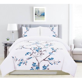 SUPERIOR Cherry Garden 100% Cotton 3Pc Duvet Set - Full/Queen - Blue