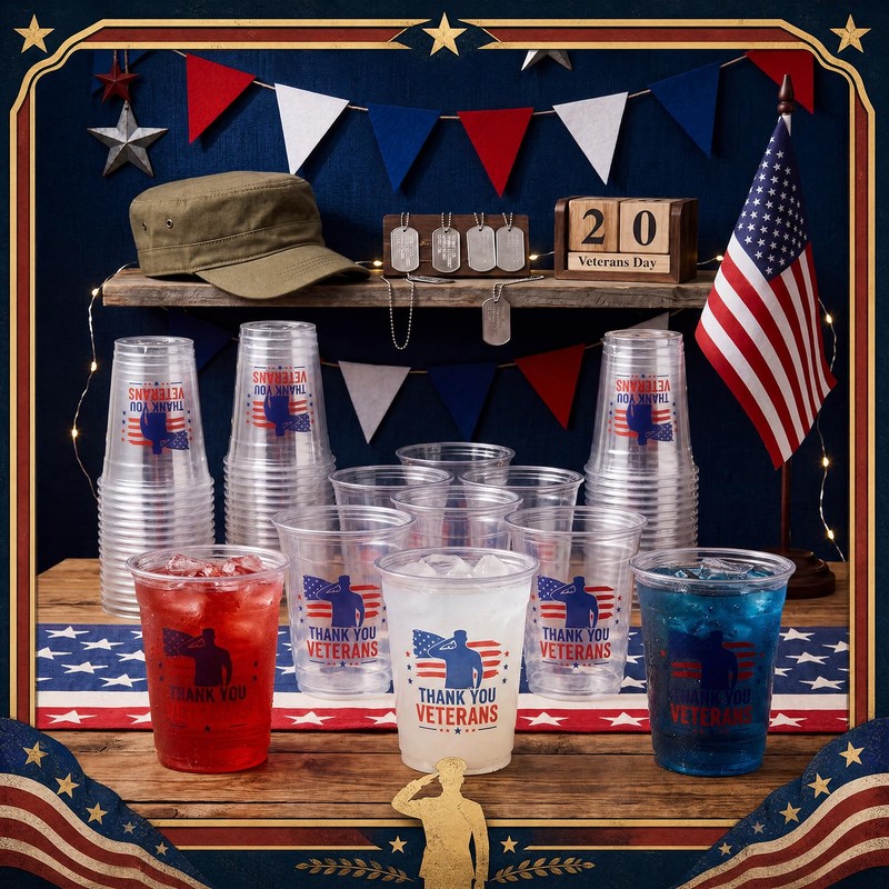 50 Pcs Veterans Day Plastic Cups,12oz Veterans Day Decorations