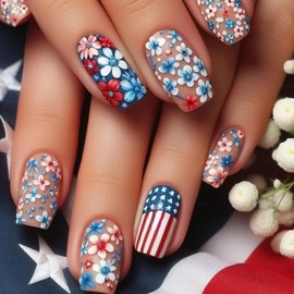 24 Pcs Spring Press on Nails Blue White Flower Designs 4th of July Independence Day False Nails Medium Square Stars Stripe Fake Nails Glossy Colorful Acrylic Nails Full Cover Stick on Nails for Women