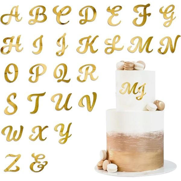 IOSPKKIO® Lot de 54 décorations de gâteau personnalisées en acrylique avec lettres de A à Z dorées effet miroir