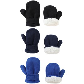 Baby Toddler Mittens Boys Girls Winter Outdoor Gloves Kids Easy-On Fleece Warm Mittens Black Blue Navy 3 pairs L（2-4 years）