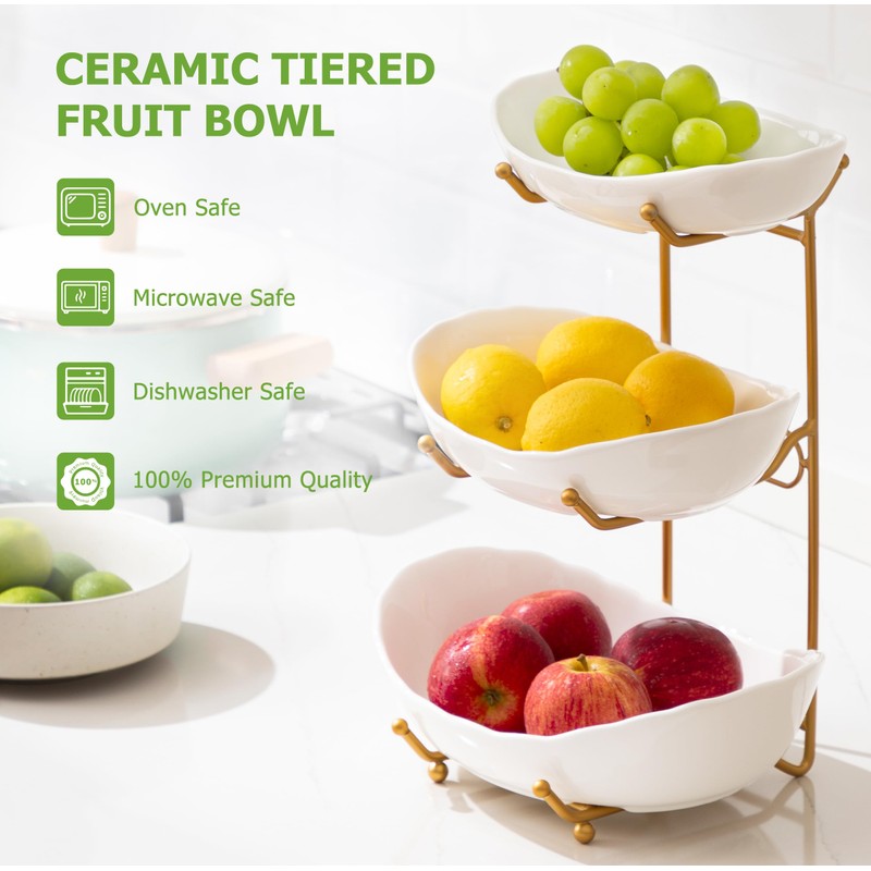 HBlife Fruit Bowl for Kitchen Counter - 3 Tier Ceramic