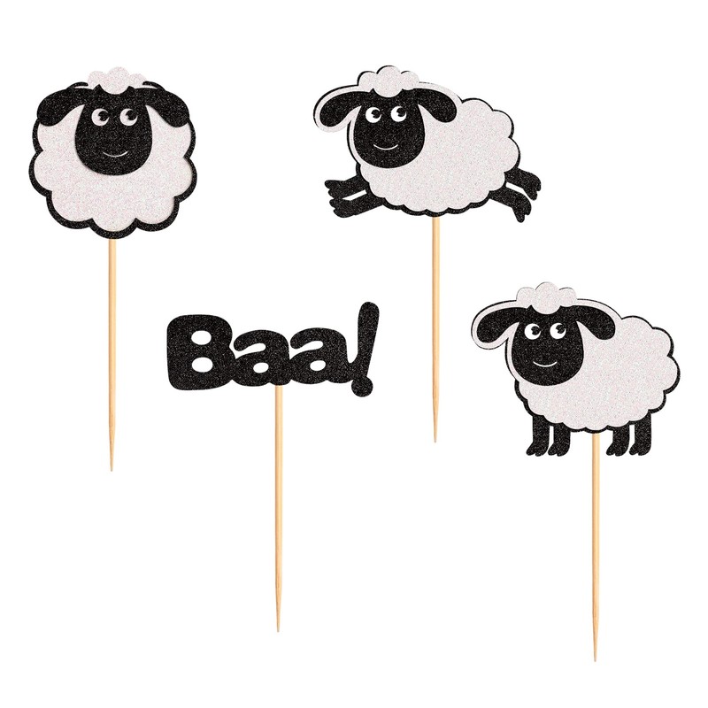 Ercadio 24 Pack Sheep Cupcake toppers Black Glitter Farm Animals