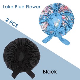 Hanbertti 2 Pack Silk Satin Bonnet Sleeping Hat with Stretch Tie Band Bonnets Silk Adjustable for Curly Hair Sleeping Adult Women （Black+Lake Blue Flower）
