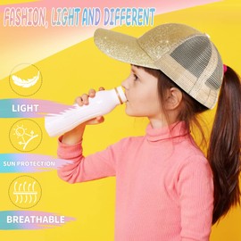 BROMZ Girls Glitter Baseball Cap Kids Ponytail Hat Adjustable Summer Mesh Trucker Hats for 4-12 Years Gold