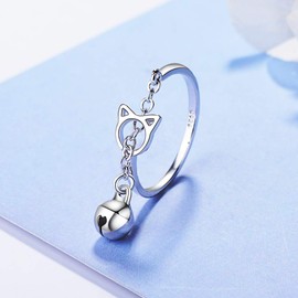 Chandler 925 Sterling Silver Cat with Bell Open Ring for Women and Girls Gift - Adjustable Size Silver Ring