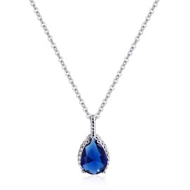 Desnuage Sapphire Teardrop Pendant Necklace for Women - Sterling Silver Navy Blue Birthstone Crystal Necklace Gift