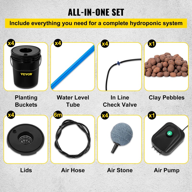 VEVOR DWC Hydroponic System, 5 Gallon 4 Buckets, Deep Water