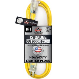 6 ft - 12 Gauge Extension Cord Outdoor - Made in USA - Lighted on Both Ends - Yellow Outdoor Extension_Cord Waterproof by Anthem Cable - Heavy Duty ExtensionCord 6 ft 15 Amp Extension