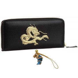 [SakuraZen] Feng Shui Secret Emperor Dragon Round Wallet, Money Luck, Real Gold Foil, Engraved, Cow Genuine Leather Wallet, Men's, Black, Golden, Netsuke Present, Made in Japan (Magatama Shoryu