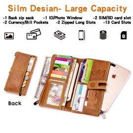 Roulens Genuine Leather Women's Wallets,Multi-Function Slim Bifold Zipper Clutch Purse,Large Capacity Card Holder with RFID Blocking