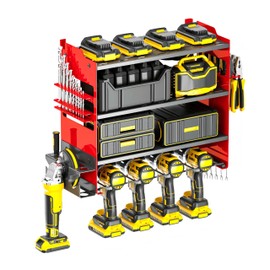 OTDFJYL Heavy Duty Power Tool Organizer Wall Mount, 4 layer Metal battery Storage Rack with 4 Cordless Drill Holder utility Garage, Workshop, Shed (Red)