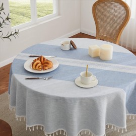 ZeeMart Contrast Linen Round Tablecloth 60 Inch Mid-Stripe Blue, Farmhouse Style Round Table Cloth Heavy Weight Dusty Blue Tablecloths, Water Resistant Burlap Table Cloths