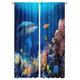 INSFBRB Ocean Shark Rod Pocket Blackout Curtains for Living Room,Room Darkening Cool Nautical Underwater Wildlife Shark Fish Coral Window Curtains,2 Panels 63L x 21W