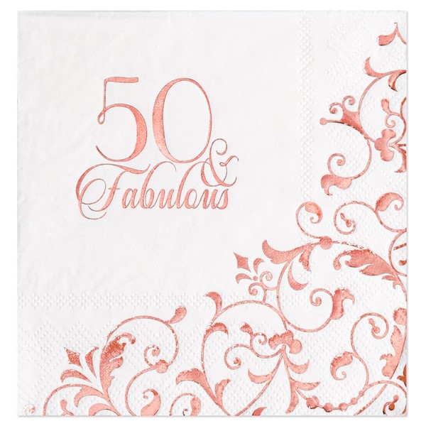 Crisky 50 fabulosas servilletas de cóctel de oro rosa para mujer, decoración de fiesta de 50 cumpleaños, servilletas desechables de postre de 3 capas, 50 unidades