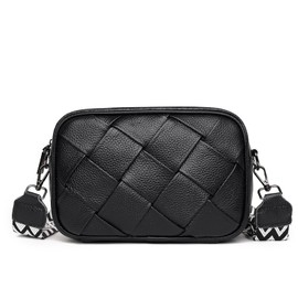 FAYBA Woven Crossbody Bag for Women, Wide Strap Genuine Leather Shoulder Bag, Small Handbag Satchel Bag with Guitar Strap, Black