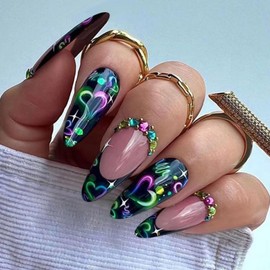 Colorful Love Press on Nails Dark Black French Tip Fake Nails Medium Almond False Nails with Design Rhinestone Glue on Nails Glossy Acrylic Full Cover Stick on Nails for Women Valentine's Day Manicure