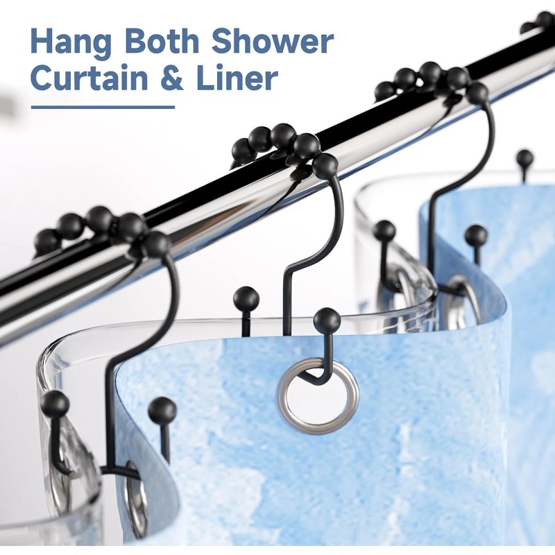 Titanker Black Shower Curtain Hooks Rings, Rust-Resistant Metal Double Glide