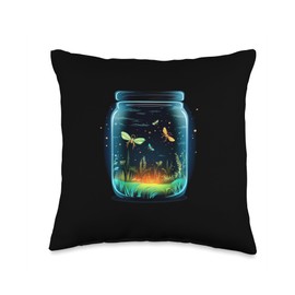 Nice Fireflies in a Jar Glowing Fantasy Jar with Insects for Dreaming Summery Night Throw Pillow, 16x16, Multicolor