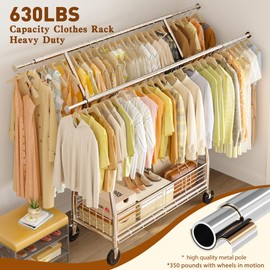 Raybee Heavy Duty Clothes Rack, 630LBS Clothing Rack with Sturdy Wheels and Shelves, Double Rods Clothing Racks for Hanging Clothes Commercial Portable Adjustable Garment Rack, Chrome