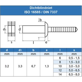 Eisenwaren2000 3.2 x 8 mm sealing blind rivet (50 pieces) - with flat head - pop rivets DIN 7337 - ISO 16585 - rivet - stainless steel A2 V2A - rust-proof