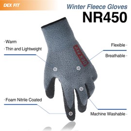 DEX FIT Warm Fleece Winter Gloves NR450, Comfort Spandex Stretch Fit, Power Grip, Thin & Lightweight, Durable Water-Based Nitrile Coating, Machine Washable, Grey 8 (M) 3 Pairs