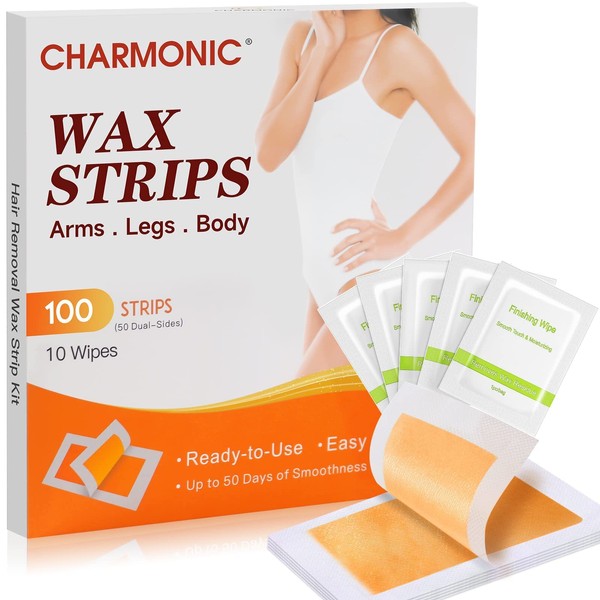 Charmonic Wax Strips for Hair Removal, 100 Counts Hair Remover Waxing Strips, Waxing Kit for Bikini Neck Brazilian and Leg, Quick & Painless Body Wax Strip for Women & Men Contains 10 After-Wax Wipes