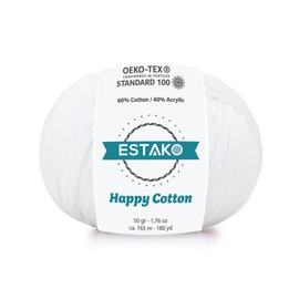 Estako Happy Cotton, 60% Cotton 40% Acrylic Yarn, Soft, Fine/Sport (2) for Crochet and Knitting 1.76 Oz (50g) / 180 Yrds (165m) (4110 - White)