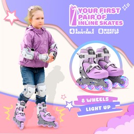 2PM SPORTS Girls Adjustable Illuminating Inline Skates with Light up Wheels, Fun Flashing Beginner Roller Skates for Kids - Purple Medium